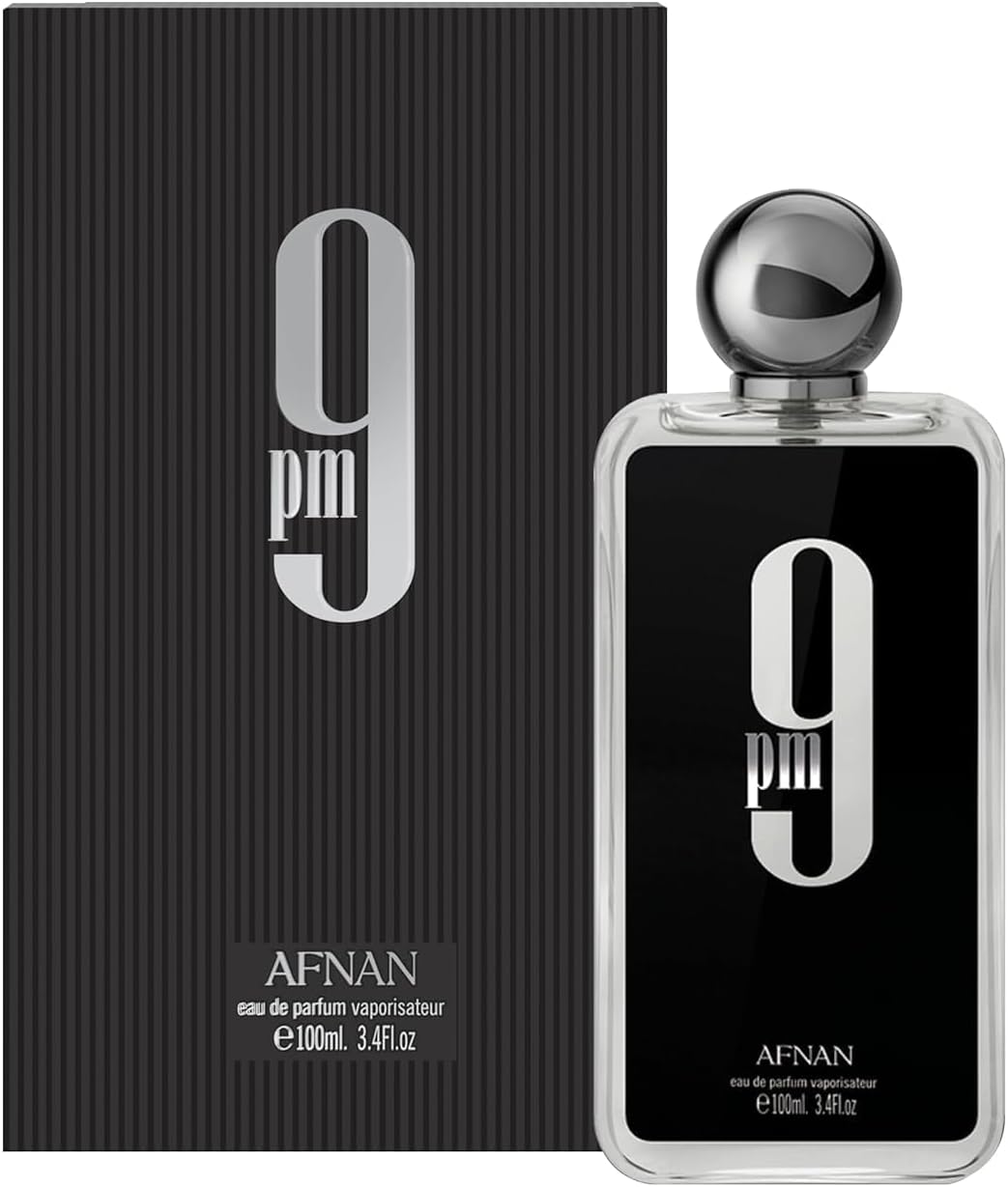 Perfume árabe masculino 9PM Afnan – frasco elegante com design moderno em preto e prata, embalagem sofisticada com listras verticais, fragrância noturna intensa e envolvente.