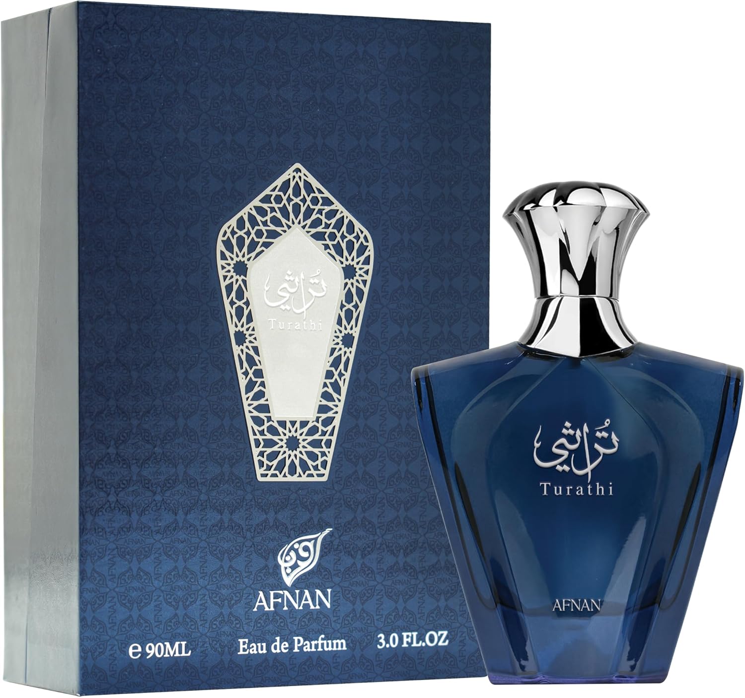 Perfume Afnan Turathi Blue – fragrância árabe masculina em frasco azul com detalhes prateados, destacando sofisticação e elegância oriental.