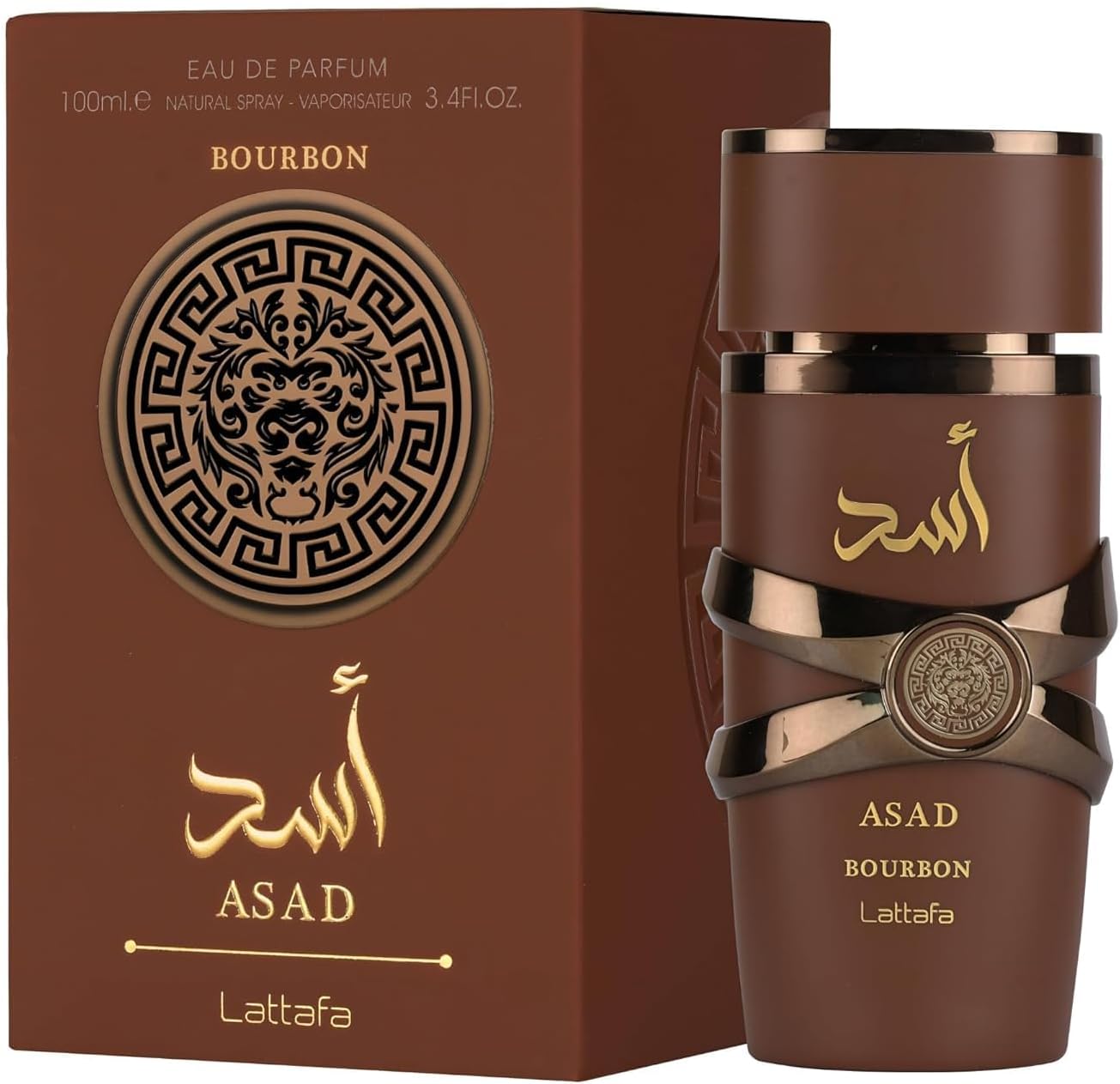 Perfume árabe masculino Asad Bourbon da Lattafa – frasco marrom elegante com detalhes dourados e símbolo de leão, acompanhado por embalagem sofisticada com design inspirado na arte oriental.