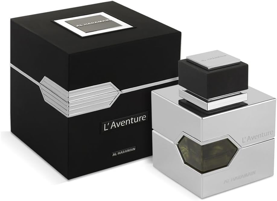 Perfume árabe masculino L’Aventure Al Haramain – frasco prateado com design geométrico moderno e embalagem preta elegante.