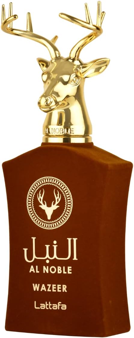 Perfume árabe masculino Al Noble Wazeer da Lattafa – frasco marrom aveludado com tampa dourada em formato de cabeça de cervo, símbolo de elegância e sofisticação oriental.