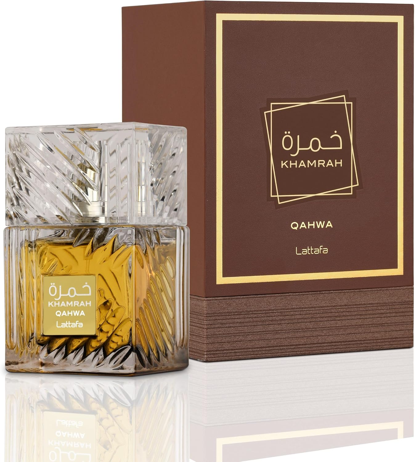 Perfume árabe masculino Khamrah Qahwa Lattafa – frasco luxuoso com design lapidado e líquido âmbar, embalagem marrom com detalhes dourados, fragrância quente com toque de café e especiarias.
