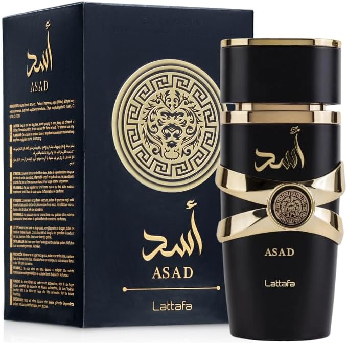 Frasco e embalagem do perfume masculino Asad da Lattafa, com design elegante em preto e dourado, detalhes em arabescos e leão estilizado no centro da caixa.
