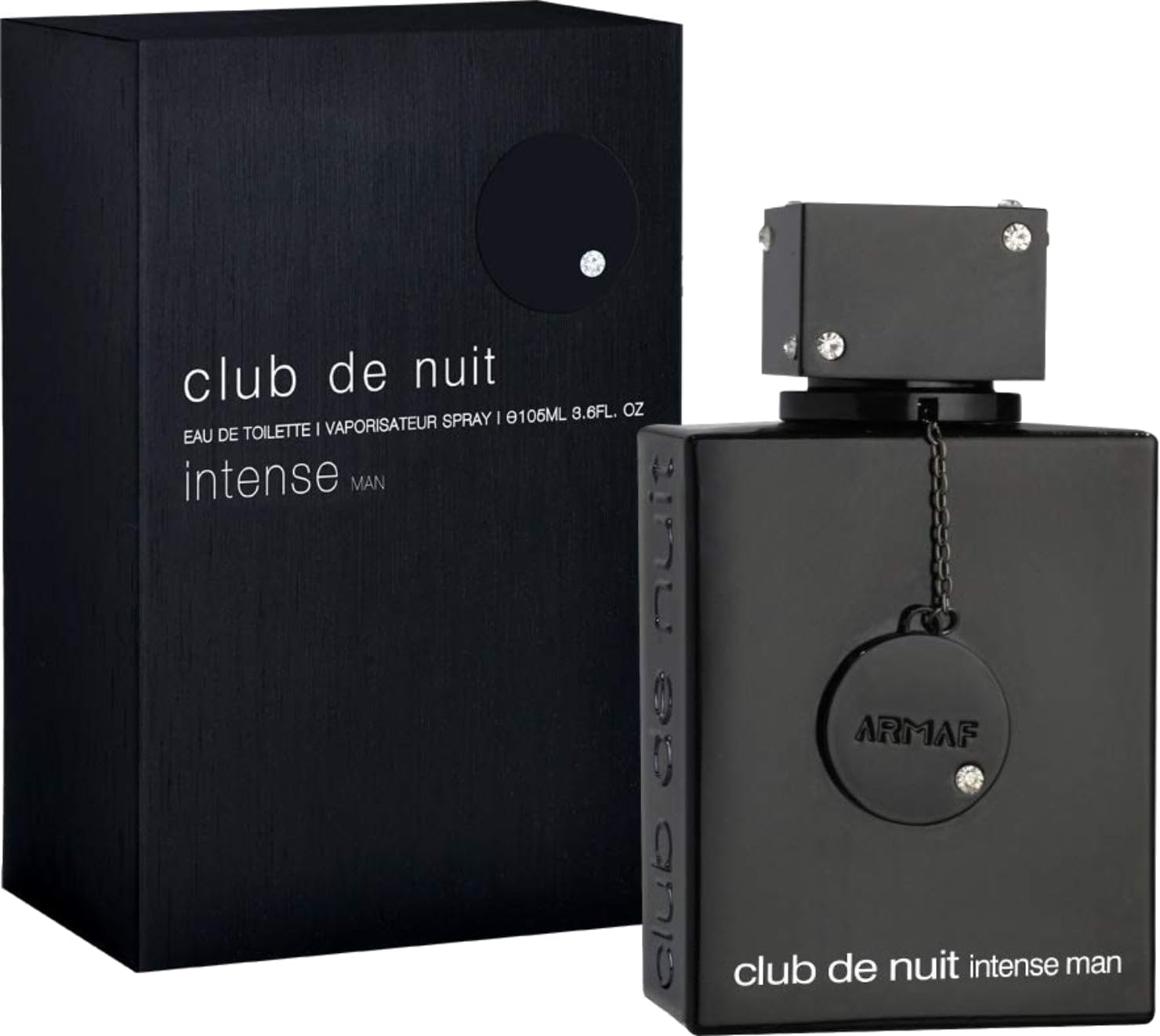 Perfume Armaf Club de Nuit Intense Man, um dos melhores perfumes árabes masculinos– frasco preto fosco com design elegante e detalhes metálicos, acompanhado por uma caixa sofisticada na mesma tonalidade, transmitindo uma imagem de luxo e intensidade.