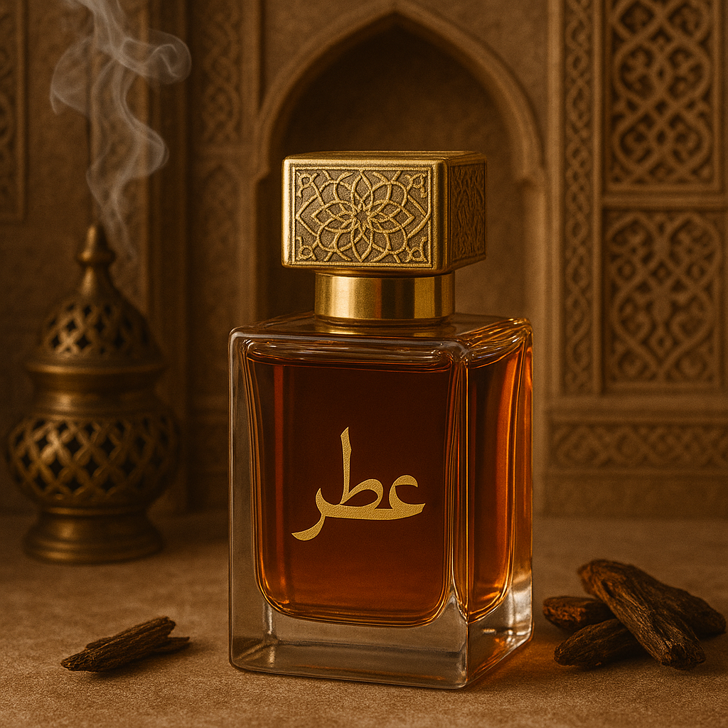 Frasco de perfume árabe masculino com caligrafia dourada 'عطر', posicionado em cenário elegante com incensário, madeira de oud e arquitetura islâmica detalhada ao fundo.